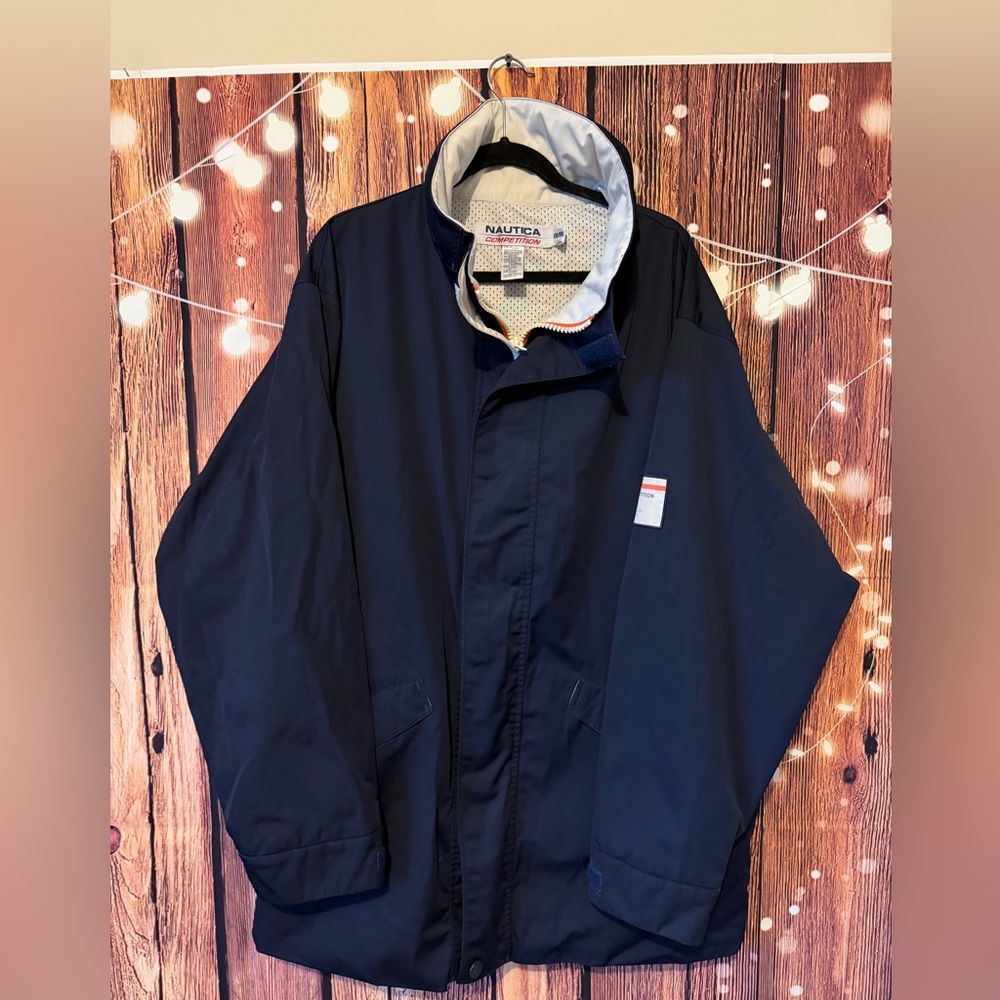 Vintage Nautica Competition Series Men's Dark Blue Raincoat with Beige Accents